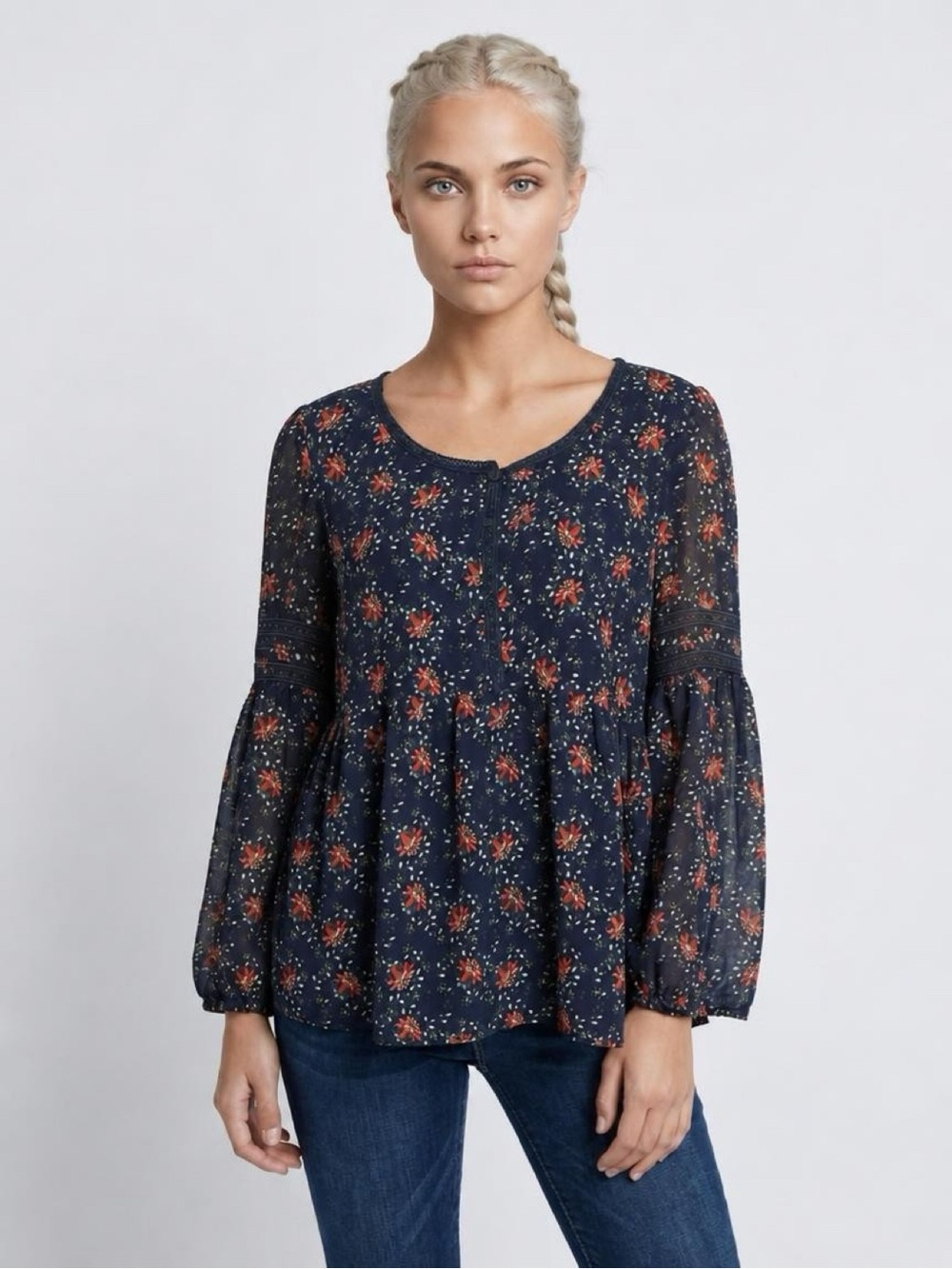 Max Studio Floral Babydoll Blouse M Navy Boho Prairie Bell Sleeve